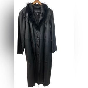 Centigrade Women’s 1X Black Leather Coat Faux Feather Collar and Zipper Pockets